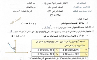 نماذج محلولة للاختبار القصير1 فيزياء حادي عشر علمي فصل أول #أ. محمد السكاف 2023 2024