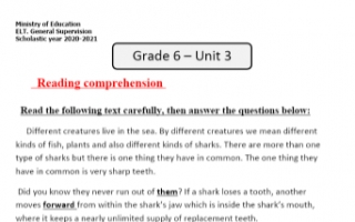 مذكرة الوحدة الثالثة انجليزي للصف السادس الفصل الأول التوجيه العام Reading Comprehension 2