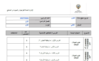 توزيع منهج علوم الصف الثاني الفصل الأول 2026-2027