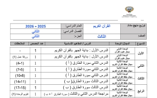 خطة توزيع منهج القرآن الكريم للصف الثالث الفصل الثاني