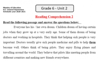 مذكرة الوحدة الثانية انجليزي للصف السادس الفصل الأول التوجيه العام Reading Comprehension 2