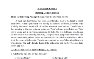 ورقة عمل تقييمي لقطعة الفهم لغة انجليزية الصف السادس الفصل الثاني