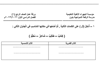 ورقة عمل (1) عربي رابع ابتدائي ف1 #م. الرفعة النموذجية 2022 2023
