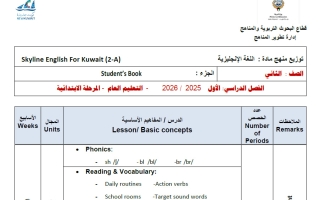 خطة وتوزيع منهج لغة انجليزية الصف الثاني الفصل الأول 2025-2026