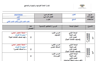 توزيع منهج علوم الصف السابع الفصل الأول 2026-2027