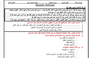 أسئلة اختبار قصير تجريبي تربية اسلامية الصف الحادي عشر الفصل الأول أ جبر الحيدري