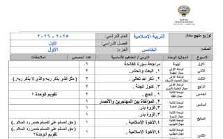 خطة منهج تربية اسلامية الصف الخامس الفصل الأول 2025-2026