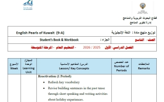خطة وتوزيع منهج لغة انجليزية الصف التاسع الفصل الأول 2025-2026