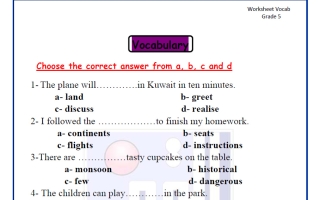 أوراق عمل للاختبار القصير (مفردات) لغة انجليزية الصف الخامس الفصل الثاني