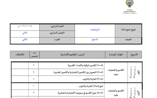 توزيع منهج رياضيات الصف السابع الفصل الثاني