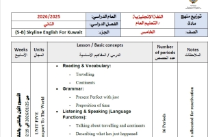 توزيع منهج لغة انجليزية الصف الخامس الفصل الثاني