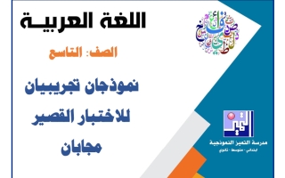 نموذجان تجريبيان للاختبار القصير مع الحل لغة عربية الصف التاسع الفصل الأول 2026-2027