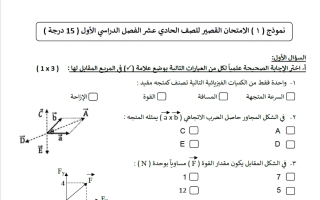نماذج اختبار قصير فيزياء الصف الحادي عشر الفصل الأول 2026-2027